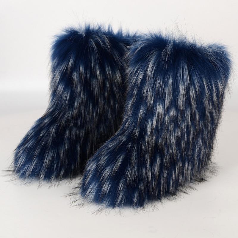 Flat heel high top warm winter furry boots deep mouth round head medium tube imitation fox fur snow boots women