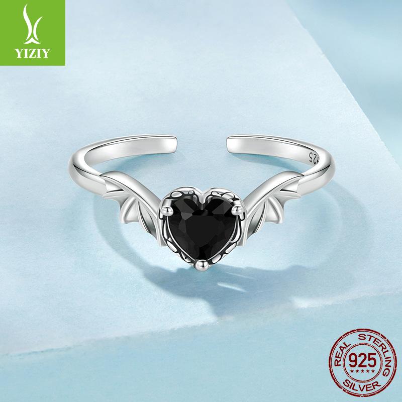 Black Zirconium Love Wing Ring Male Retro Personality Neutral Ins Wind Ring Female Light Luxury