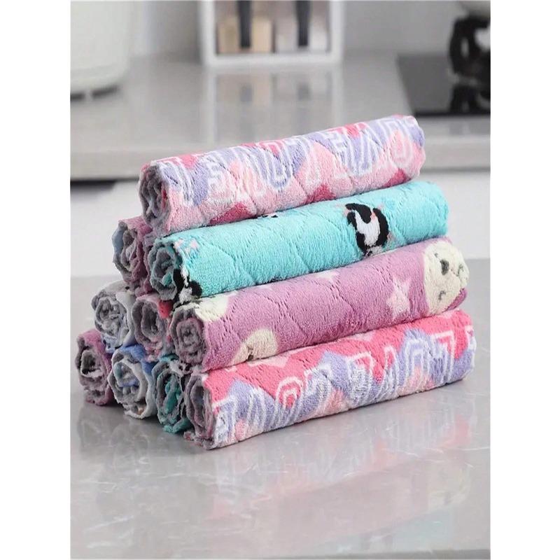 Dish Cloth, Coral Velvet Cartoon Printed Double-Sided CleaningTowels, Scouring Pad, New Kitchen Printed Cleaning Cloth