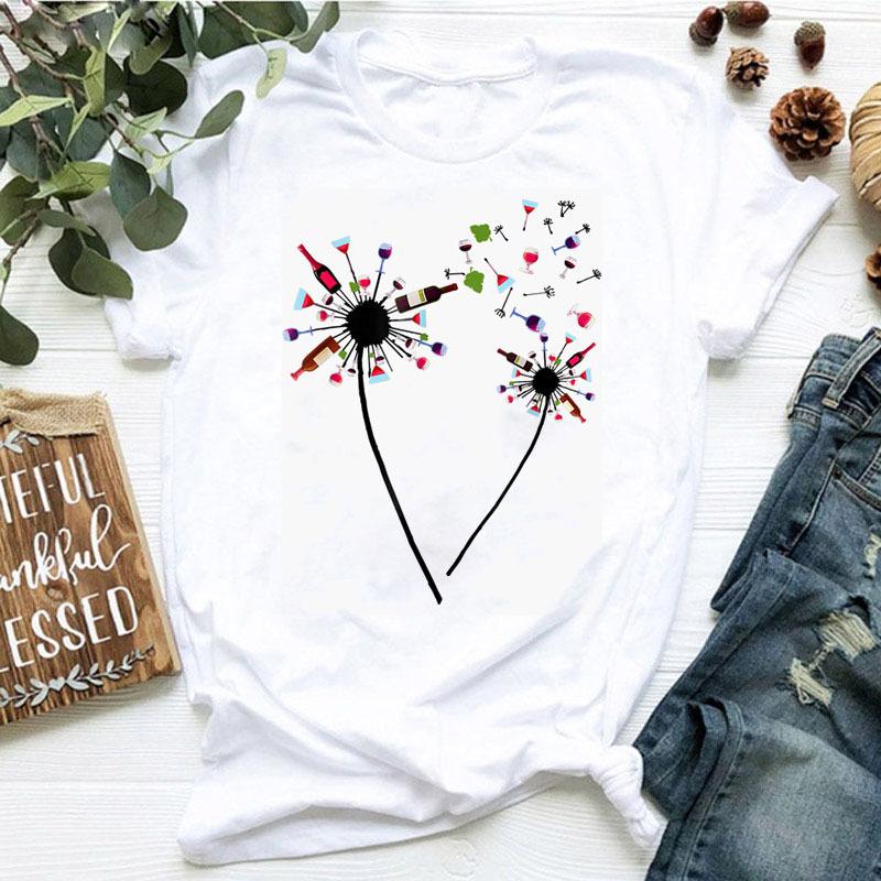 Women's dandelion floral print letter t-shirt - Trendy women's T-shirt with short sleeves Summer polyester fabric