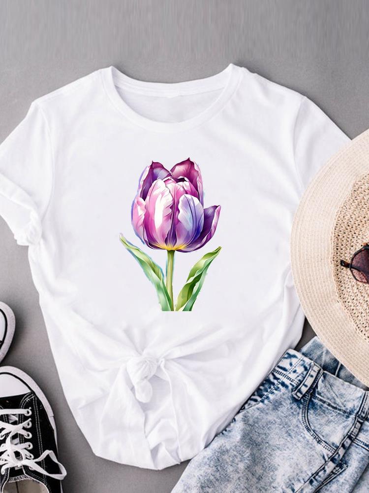 (Asian Size) Lovely Flower Trend Cute Women's Top Fashion T Clothing Print Female Casual  Short Sleeve T-shirts Graphic Tee