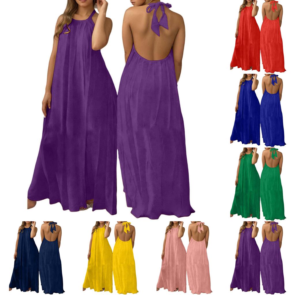 Women Neck Backless Maxi Dress Loose Fit Sleeveless Long Dress Lightweight Flowy Casual Sundress for Summer Holiday