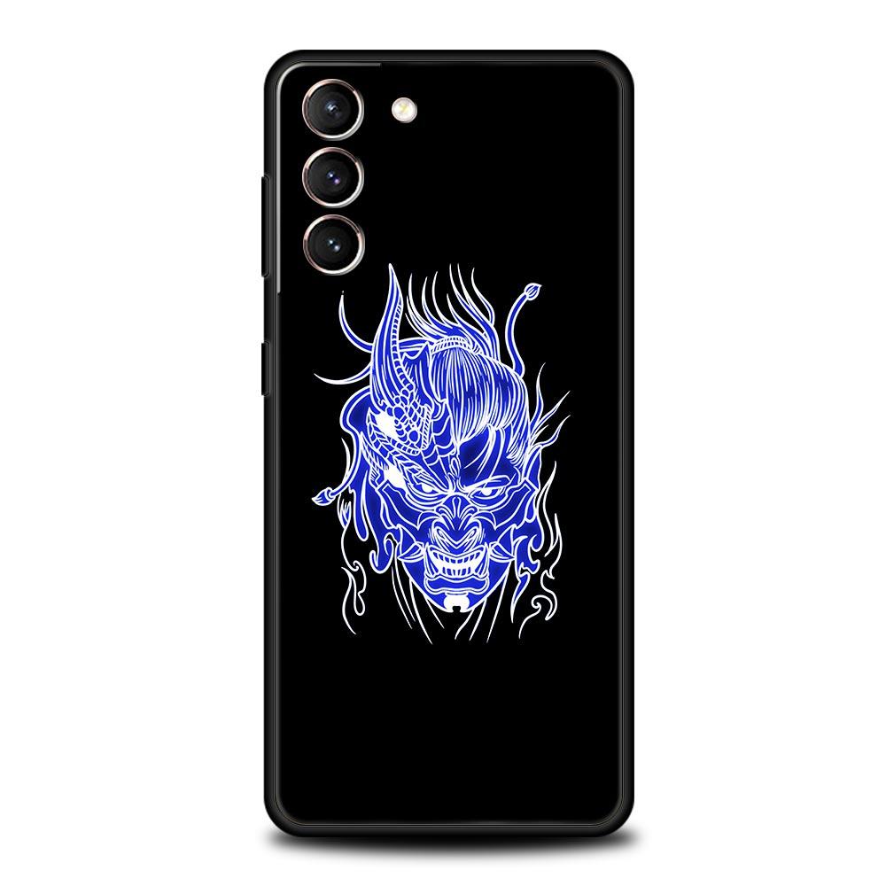 Samurai Oni Mask Neon Phone Case For Samsung Galaxy S24 S23 S22 5G S20 Ultra S21 FE S10 S9 Plus S10E S8 Lite 20 Soft TPU Cover