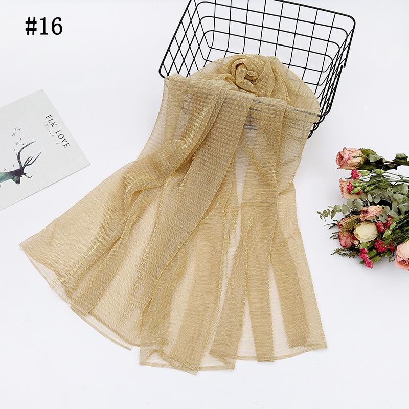 Solid Color Pleated Hijab Scarf Elegant Sparkly Head Wrap Women Casual Windproof Shawl Bandana Outdoor Travel Beach Towel