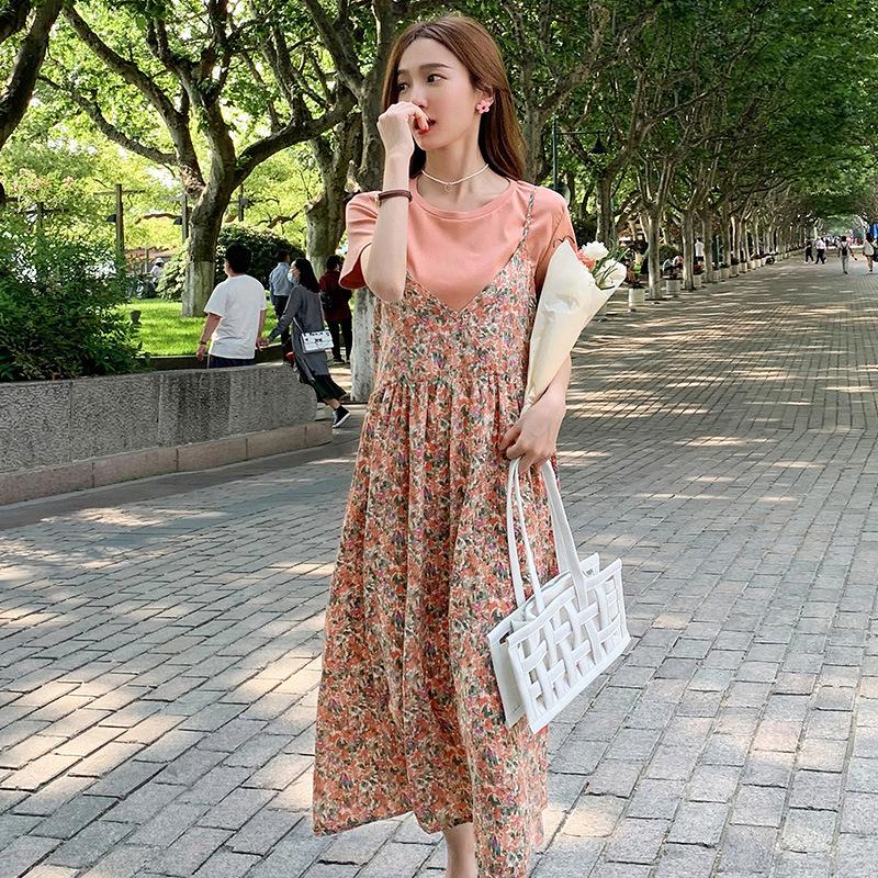 Splicing print dress fake two-piece chiffon summer short-sleeved medium and long dress maternity dress M
