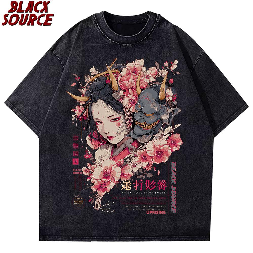 Black Source T240 T-Shirt with  Bright Dragon with Floral Design  Print XL