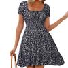 Square Neck Boho Floral Summer Dress Women Short Sleeve Smocked Swing A Line Flowy Ruffle Beach Sundress