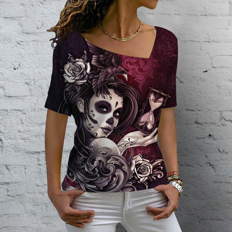 Women's T Shirt Vintage Skull 3D Printed V-neck Blouses Casual Short Sleeve Pullover Tops Summer Oversized Harajuku Clothes Tees