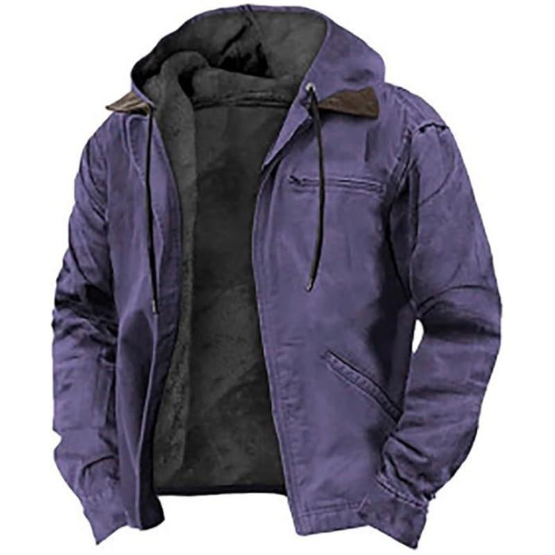Men Autumn Winter Solid Color Hooded Clothes Casual Velvet Zipper Pocket Hoodie Coat