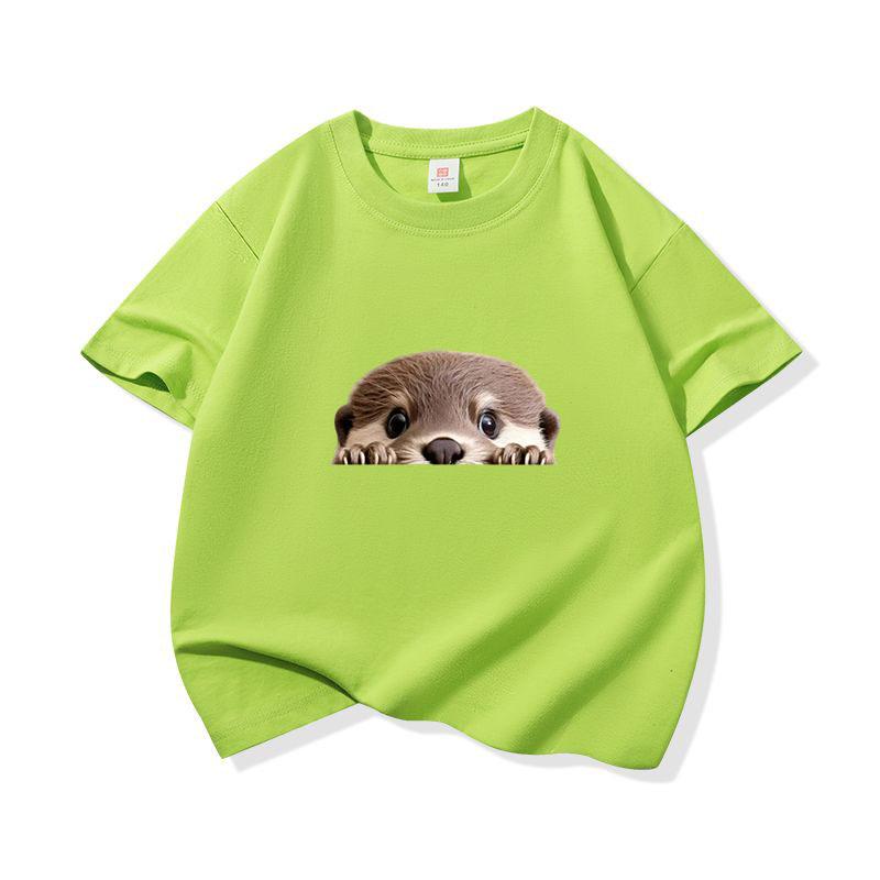 Kinder Baumwoll-T-Shirt Niedlicher Peekender Otter Aufdruck Rundhalsausschnitt Kurzarm T-Shirt Lässig Atmungsaktiv Jungen Mädchen Sommer Oberteile