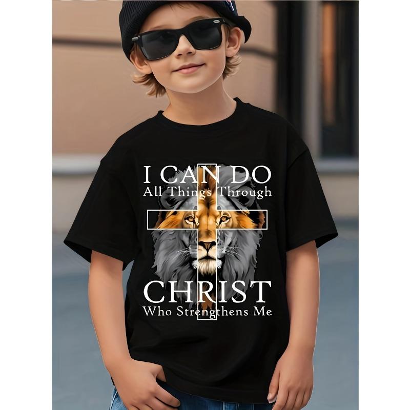 Boys Crew Neck Short Sleeve T-Shirt with Cross Lion & Letter Print 110