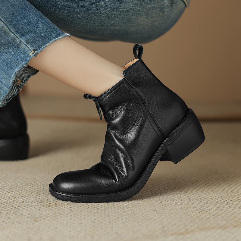 Krazing Pot Cow Skin Winter Square Toe Thick Heels Chelsea Fashion Boots Women Slip on Women Ankle Boots