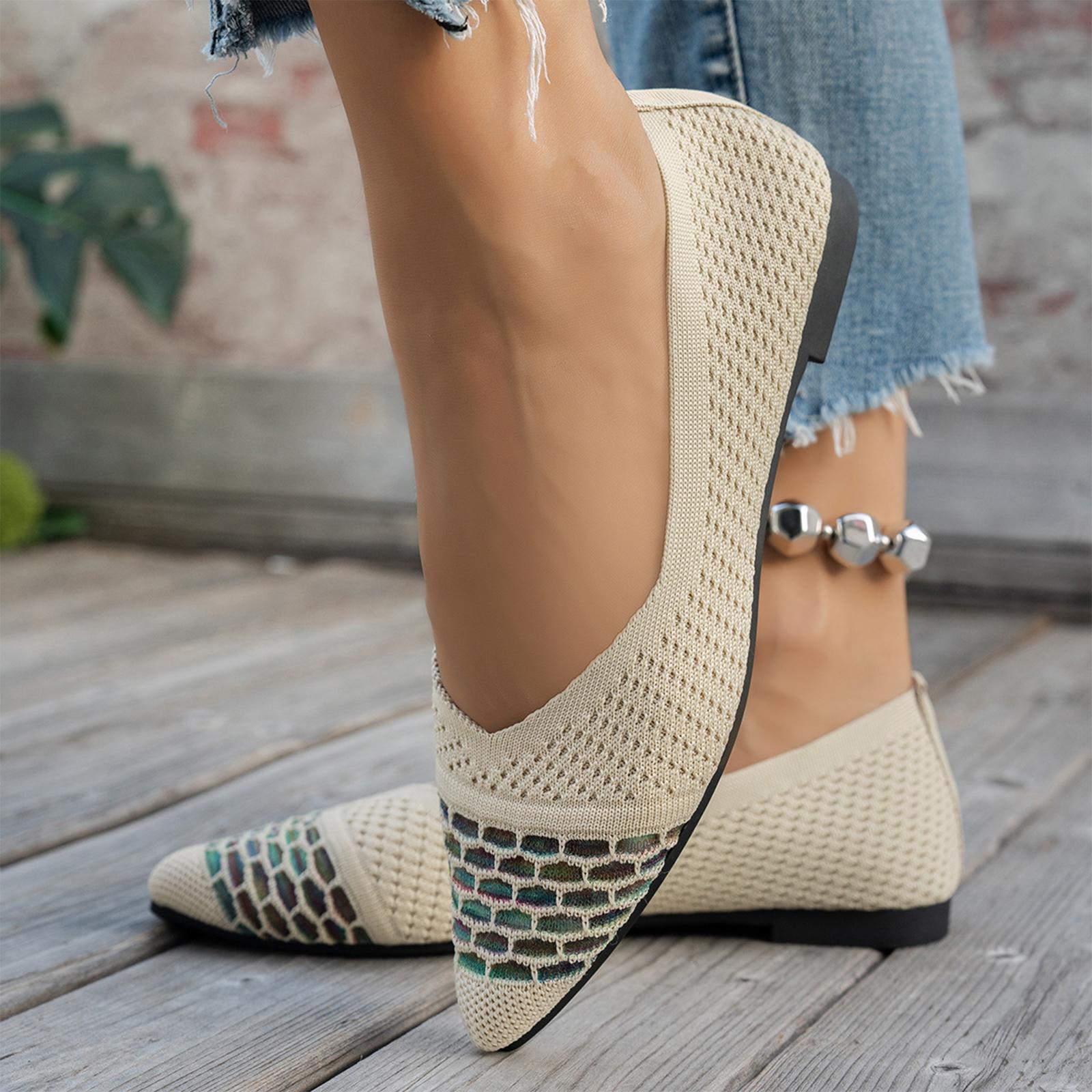 Large size color blocked pointed fly woven flat bottom versatile breathable shallow mouth casual shoes 36 бежевый