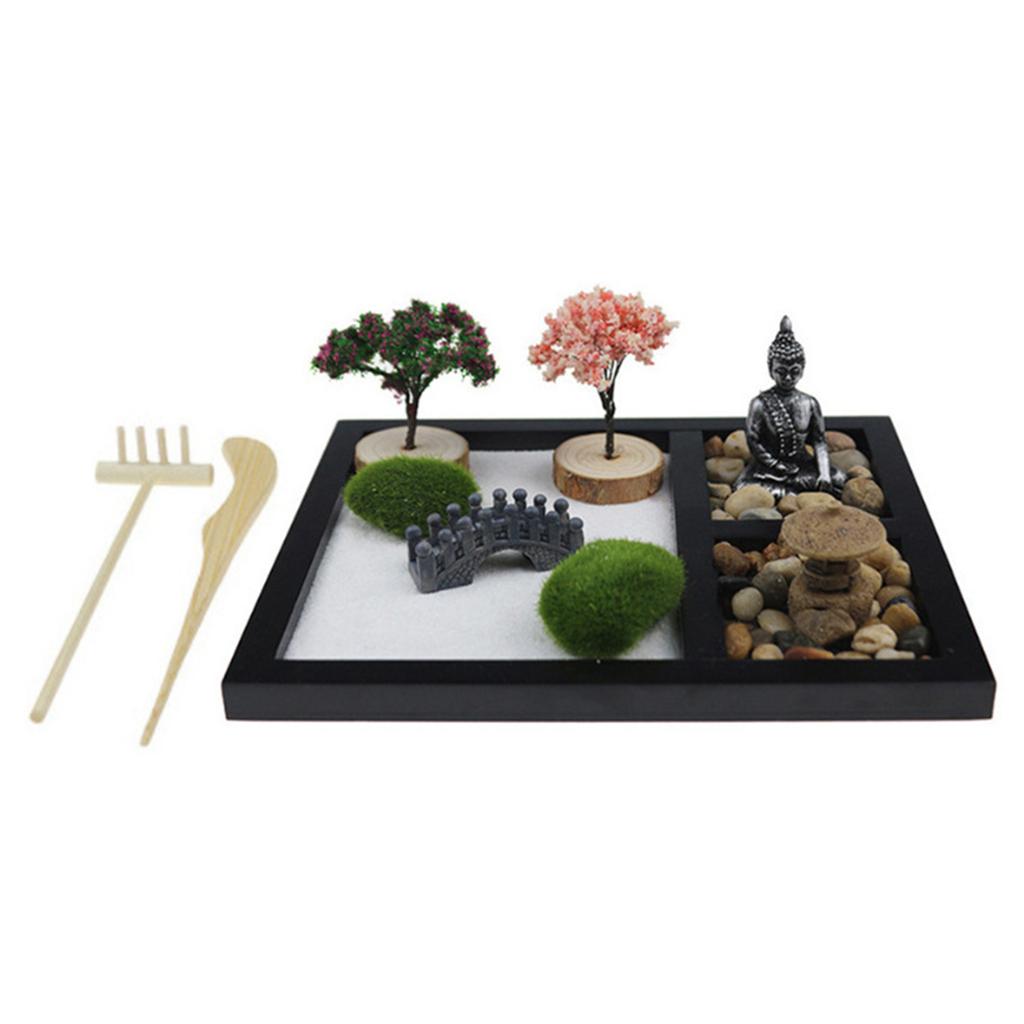 Zenes Garden Set for Desk with Rakes,Sand,Round Base,Miniature Pagoda Figure,Small Bridge Japanese Zenes Sand Garden