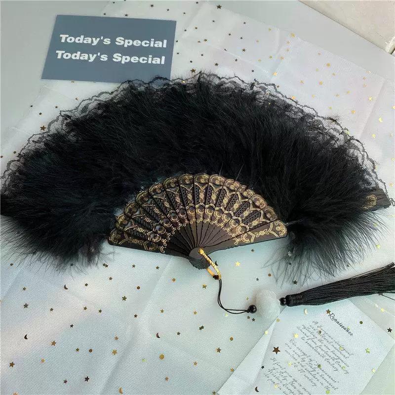 White Feather Fan, Trendy Retro-Style Fan Paired with Cheongsam for Dance and Runway Shows, Fairy-Like Palace-Style Folding Fan for Girls