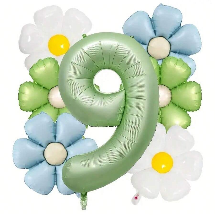 

7pcs 40 inch Olive Green Digital Number Balloon and Daisy Aluminum Foil Balloon for Birthday Anniversary Party Decoration Other