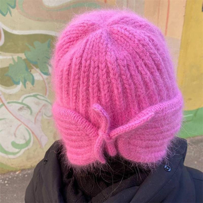 Autumn Winter Ladies Knitted Hat Women Leisure Lei Feng Style Solid Color Flanging Tie Up Ear Protection Windproof Warm Cap Bomber Hats Outdoor