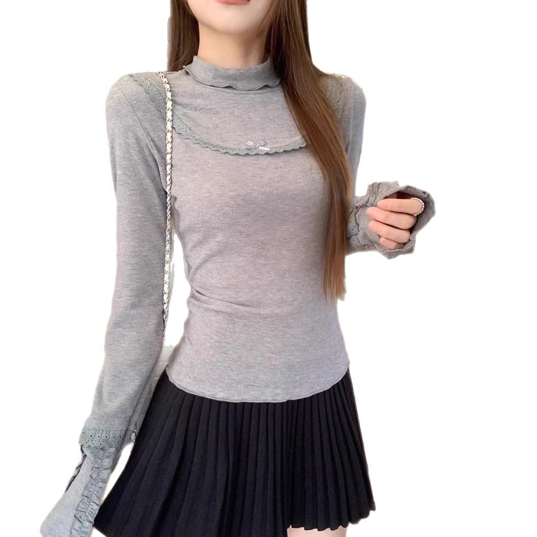 Korean Style Women s Ruffled High Collar Long Sleeve Slimming Waist-Cinched Winter T-Shirt Large серый