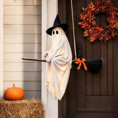 Fantasma Colgante de Halloween Decoración Exterior, Fantasma Bruja Espeluznante con Luz LED Encendida en Escoba para Hogar, Árbol, Porche, Patio, Césped, Jardín, Decoración de Fiesta