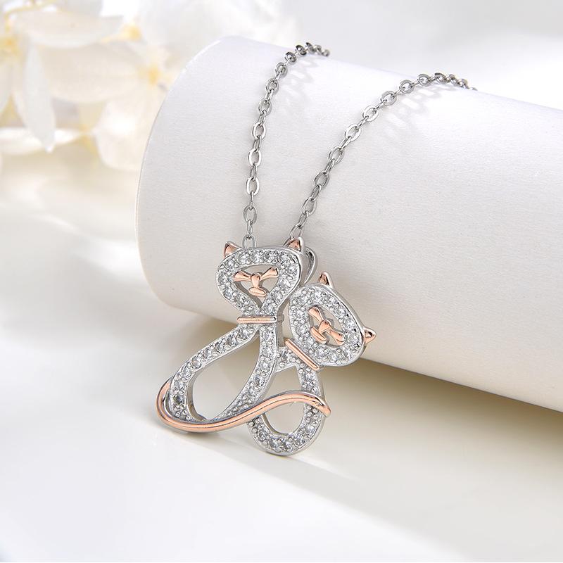 

925 Sterling Silver Cat Necklace: Women s European & American Fashion, Full Diamond Two-Tone Pendant with Clavicle Chain 925 Sterling Silver