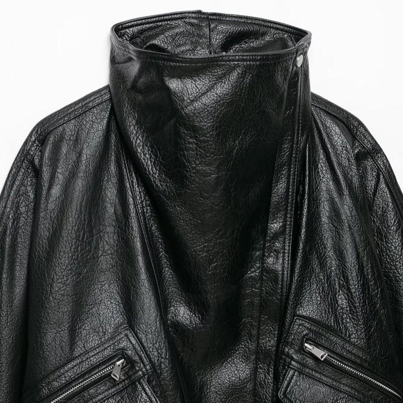 Womens Faux Leather Biker Jacket Ins Style Slim Fit Long Sleeve Black XS-L 2026 Fall