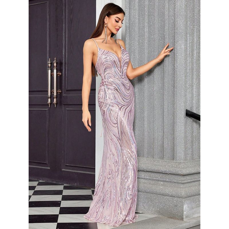 European and American Style Foreign Trade New Banquet Host Dress, Slim-Fit Evening Gown, Elegant and Noble, Flattering White Suspender Dress Pink S