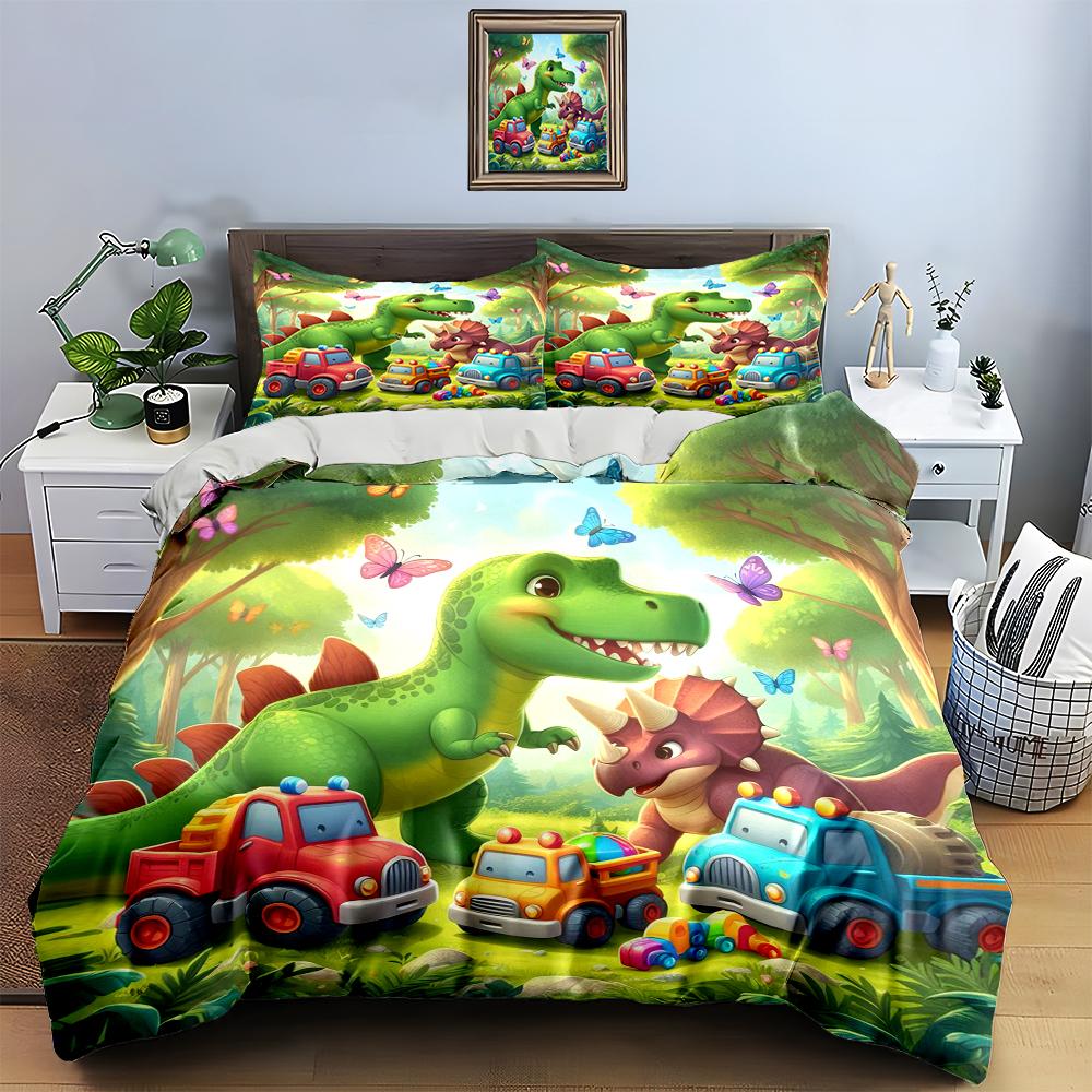 Dinosaurs and Toy Trucks Bedding Duvet Cover Set Duvet Cover Pillowcases Home Decor (1 * Duvet Cover 2 * Pillowcases, Without Duvet Insert)