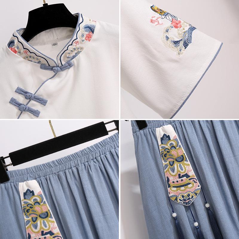 Retro Ethnic Embroidered Cotton-Linen Tang Suit: Two-Piece Cheongsam Zen Tea Outfit