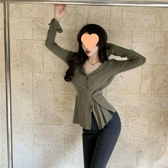 2023 Women's Autumn Korean Style Long-Sleeve Knit T-Shirt with Padded Shoulders, Slim Fit