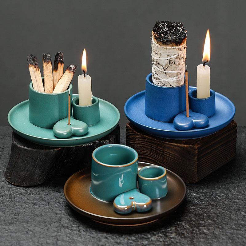 1 pièce Set Brûleur d'Encens en Céramique - Décoration d'Intérieur Multifonctionnelle, Brûleur 4-en-1 pour Bâtonnets d'Encens & Sauge, Porte-Palo Santo & Bougie