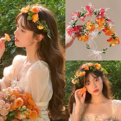 Mori Fabric Flower Leaf Streamer Wreath Headband Fashionable Small Fresh Headband Spring and Summer Sweet Super Fairy Hair Accessories Woman