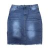 Women Denim Skirt High Waist Button Zipper Fly Multi Pockets Midi Skirt Solid Color Hip Wrapped Tassel Hem Washed Skirt