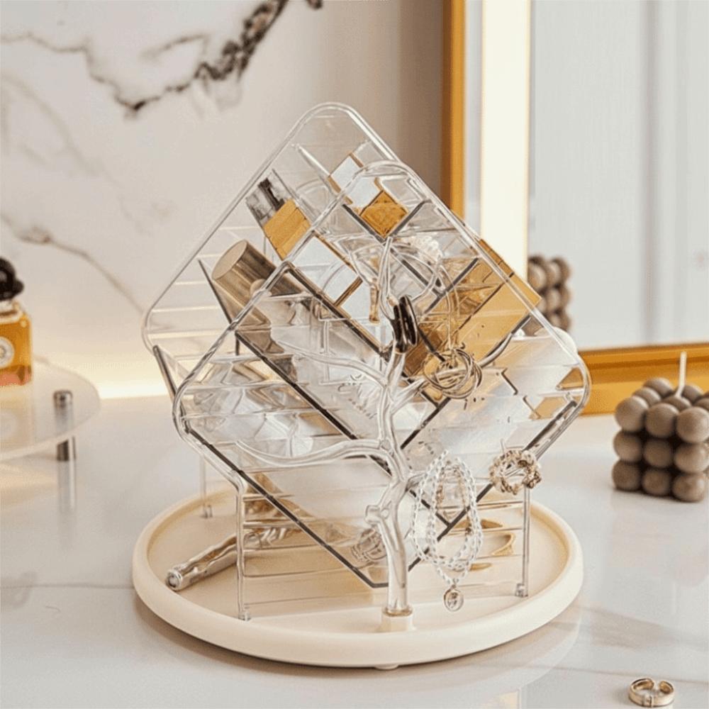 Large Capacity 360° Rotating Makeup Organizer Divided Space Saving Cosmetic Storage Box Plastic Non-Slip Makeup Storage Rack