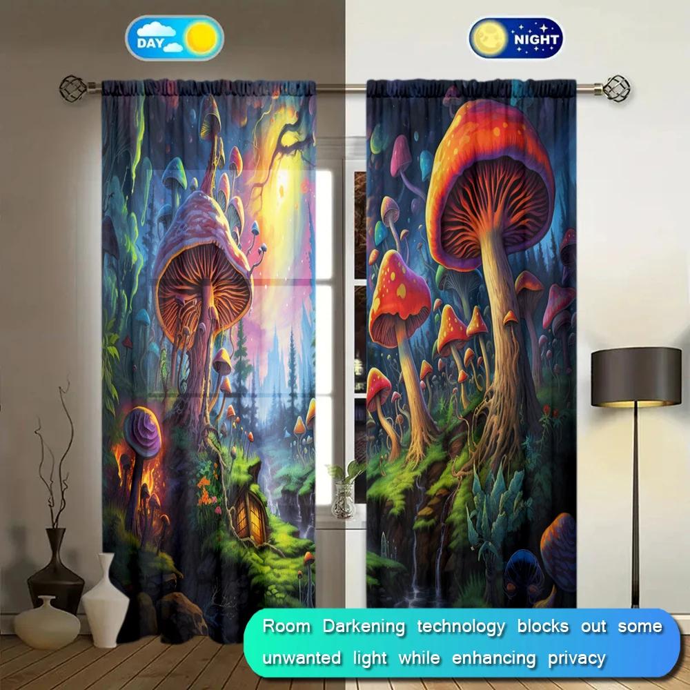 2pcs Magic Mushroom Printed Curtain for Home Decor - Rod Pocket Window Treatment for Bedroom, Office, Kitchen and Living Room