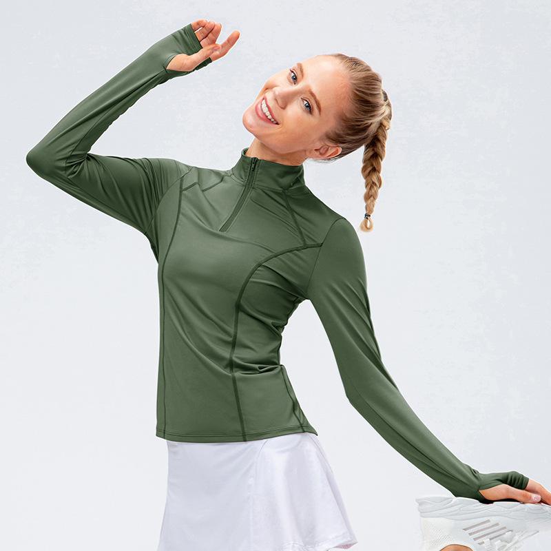 New Women'S T-Shirt Quick Drying Jacket Long Sleeved Yoga Sportswear Fitness Running Slim Fit Top Half Zip Hoodie