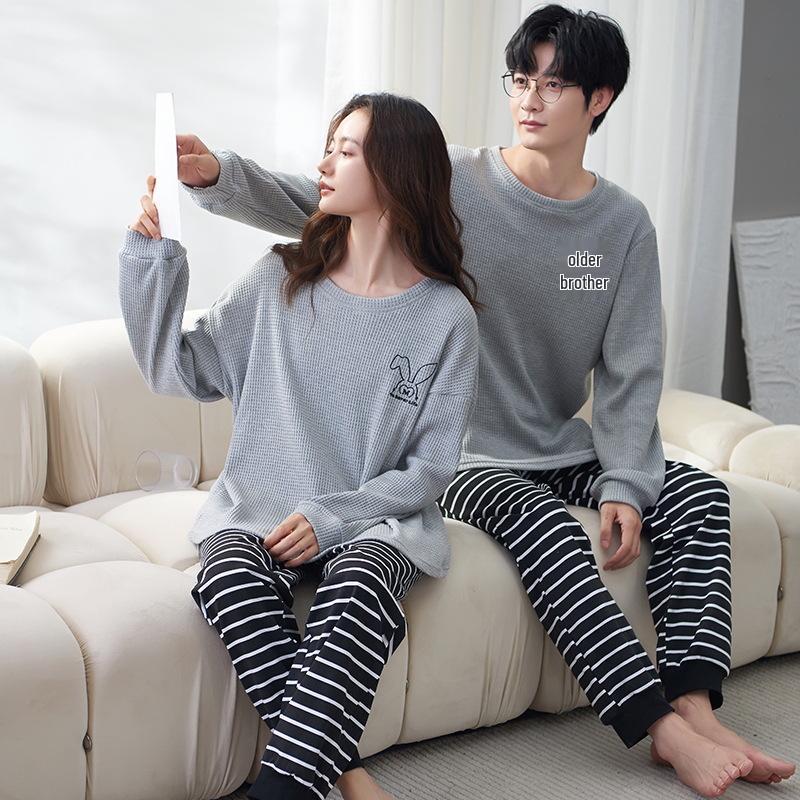 Autumn/Winter Couple's Pajamas: Women's Ins-Style and Men's Casual Loose Combed Cotton Two-Piece Set