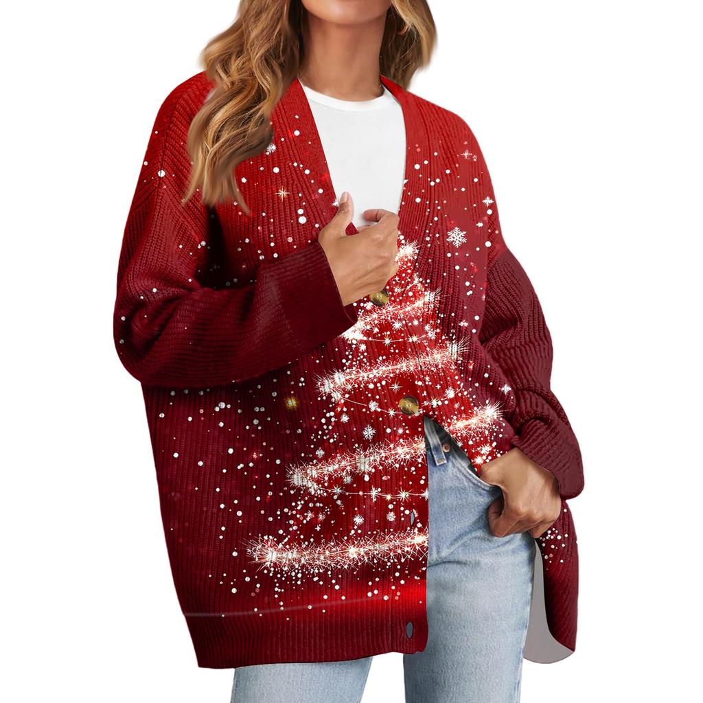 Women's Fashion Long Sleeve Christmas Print V-Neck Button Loose Cardigan Top