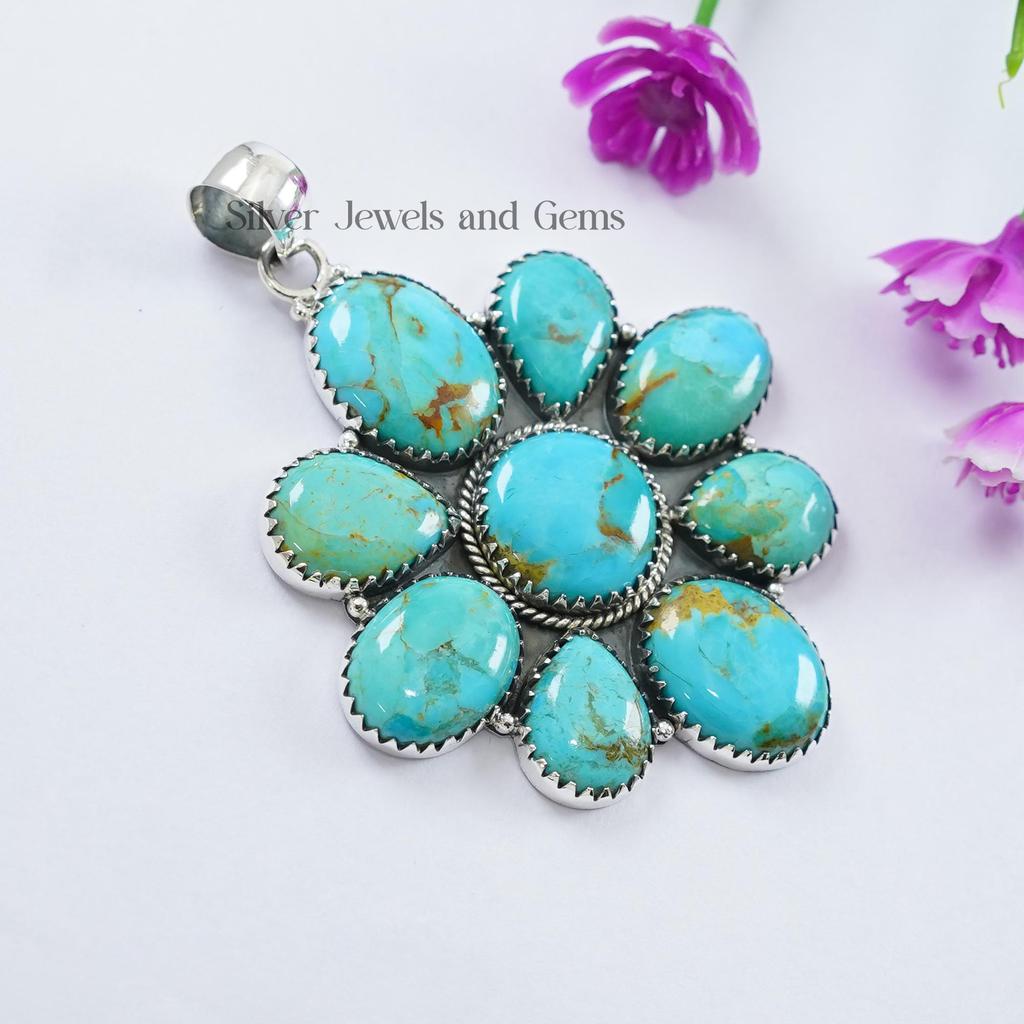 Turquoise Cluster Pendant, 925 Sterling Silver Pendant, Natural Arizona Turquoise Pendant, Gemstone Pendant, Anniversary Pendant