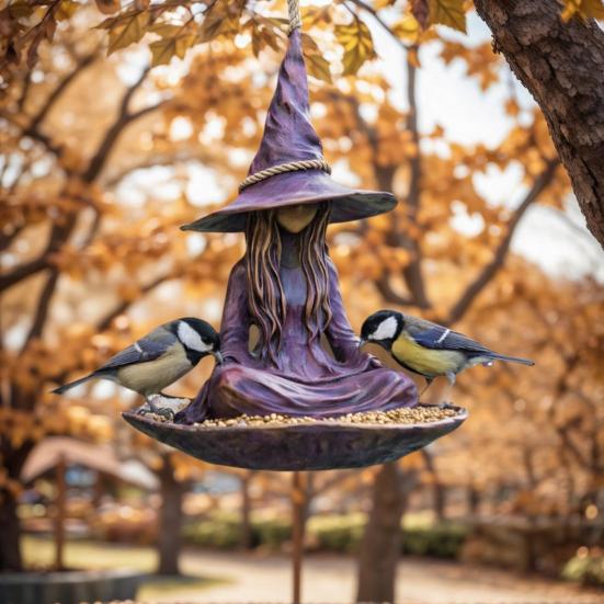 Witch Garden Statue Bird Feeder for Outdoors Resin Hanging Wild Bird Feeder for Outside Patio Backyard Birdwatching