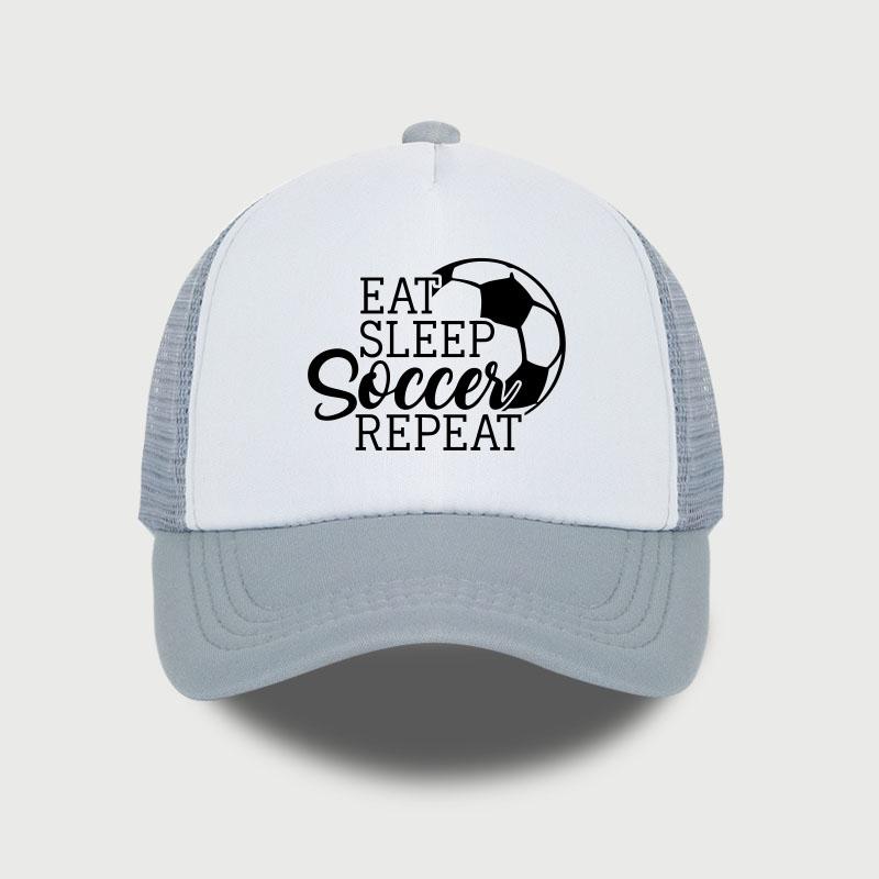 “Eat, Sleep, Soccer, Repeat” Printed Mesh Cap Lightweight, Breathable, Adjustable Unisex Football Events Football Enthusiasts