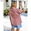 DX~Women's Cotton Linen Shirt Short Sleeved Henry Shirt Button Up V-neck Casual Work Top with Two Pockets