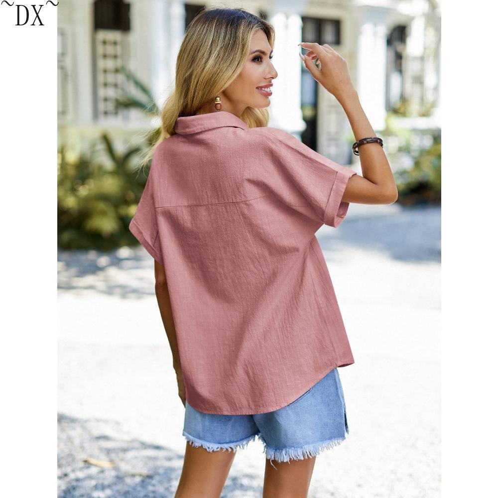 DX~Women's Cotton Linen Shirt Short Sleeved Henry Shirt Button Up V-neck Casual Work Top with Two Pockets