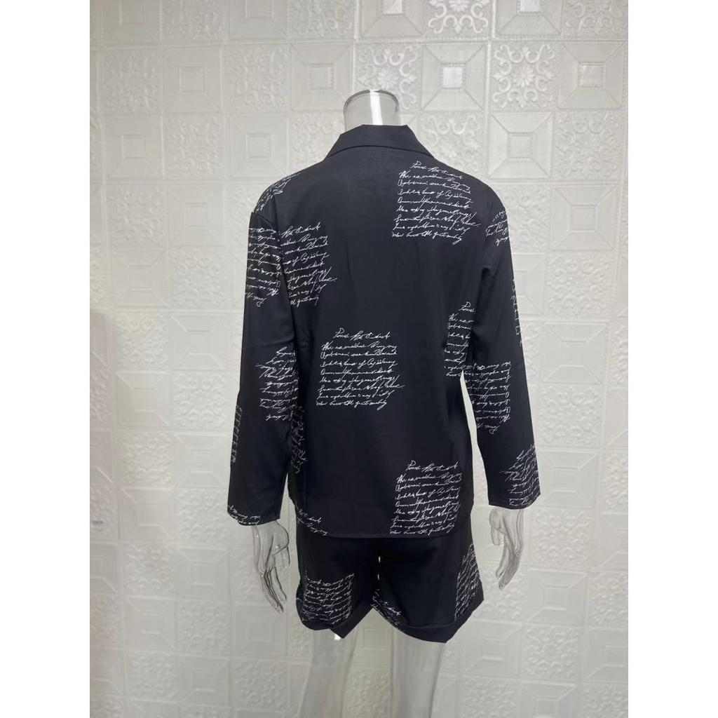 Women's sets summer long-sleeved lapel printed zipper shirt shorts clothes sale