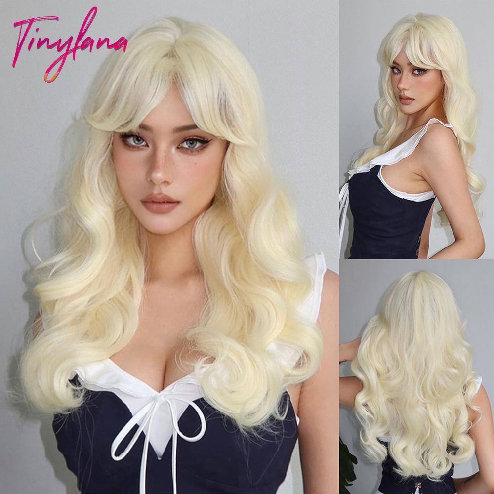 Long Blonde Wavy Synthetic Wigs with Bangs Lolita Cosplay Blonde Halloween Natural Wave Hair Wigs for White Women Heat Resistant