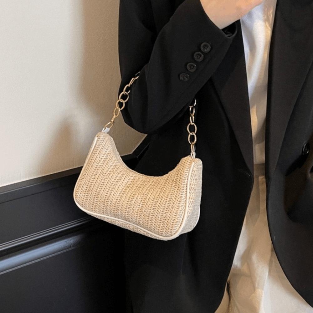 Square Weave Underarm Bag Zipper Clutch Bag Portable Beach Handbag Outdoor