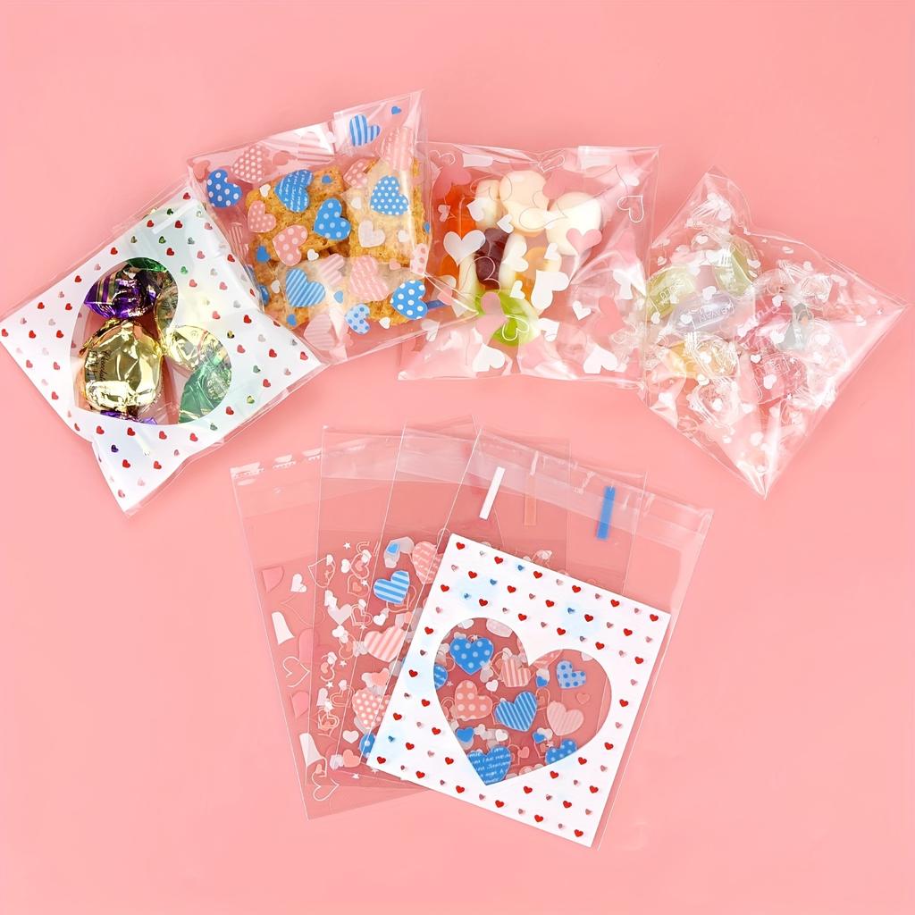 400PCS Valentine Cellophane Bags Love Heart Printed Self Adhesive Cookie Treat Bags 4 Styles Valentine's Day Mother's Day