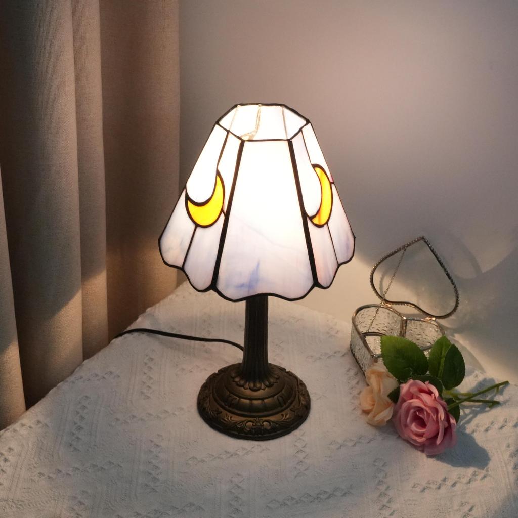 Modern moon Stained Glass Table Lamp Cute Small Bedside Lamps for Living Room Home,Unique Aesthetic Home Decor Girls Gift