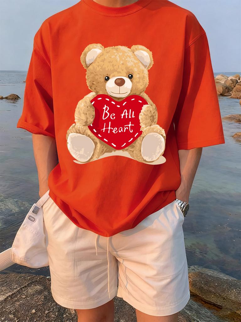 Cartoon Bear Gives You His Heart Prints TShirts Womens Summer Cotton Tops ONeck Soft Loose Short Sleeve Tees Casual Clothes