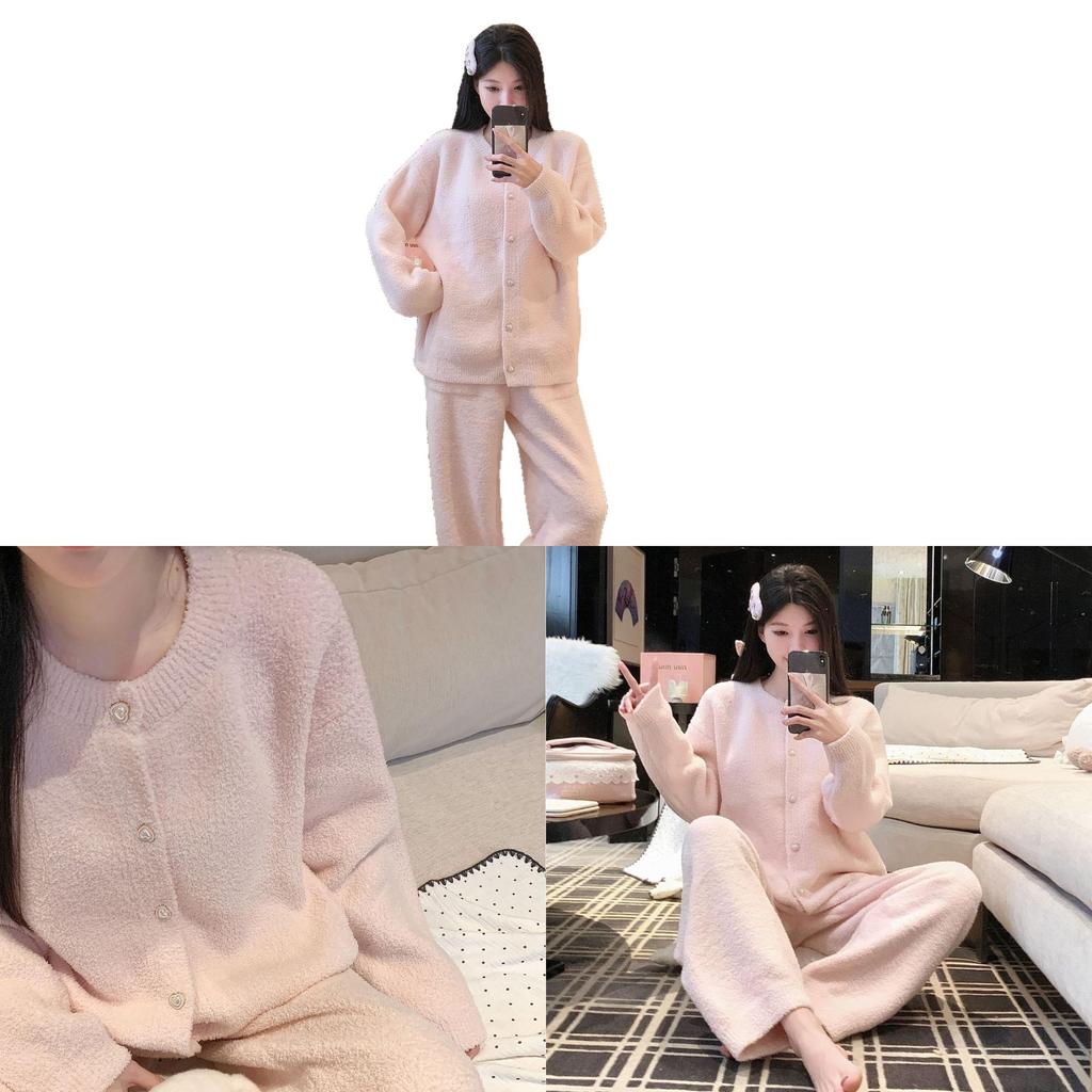 Cozy Plush Lounge Set With Pearl Buttons For Winter Comfort Homewear For Young Women
