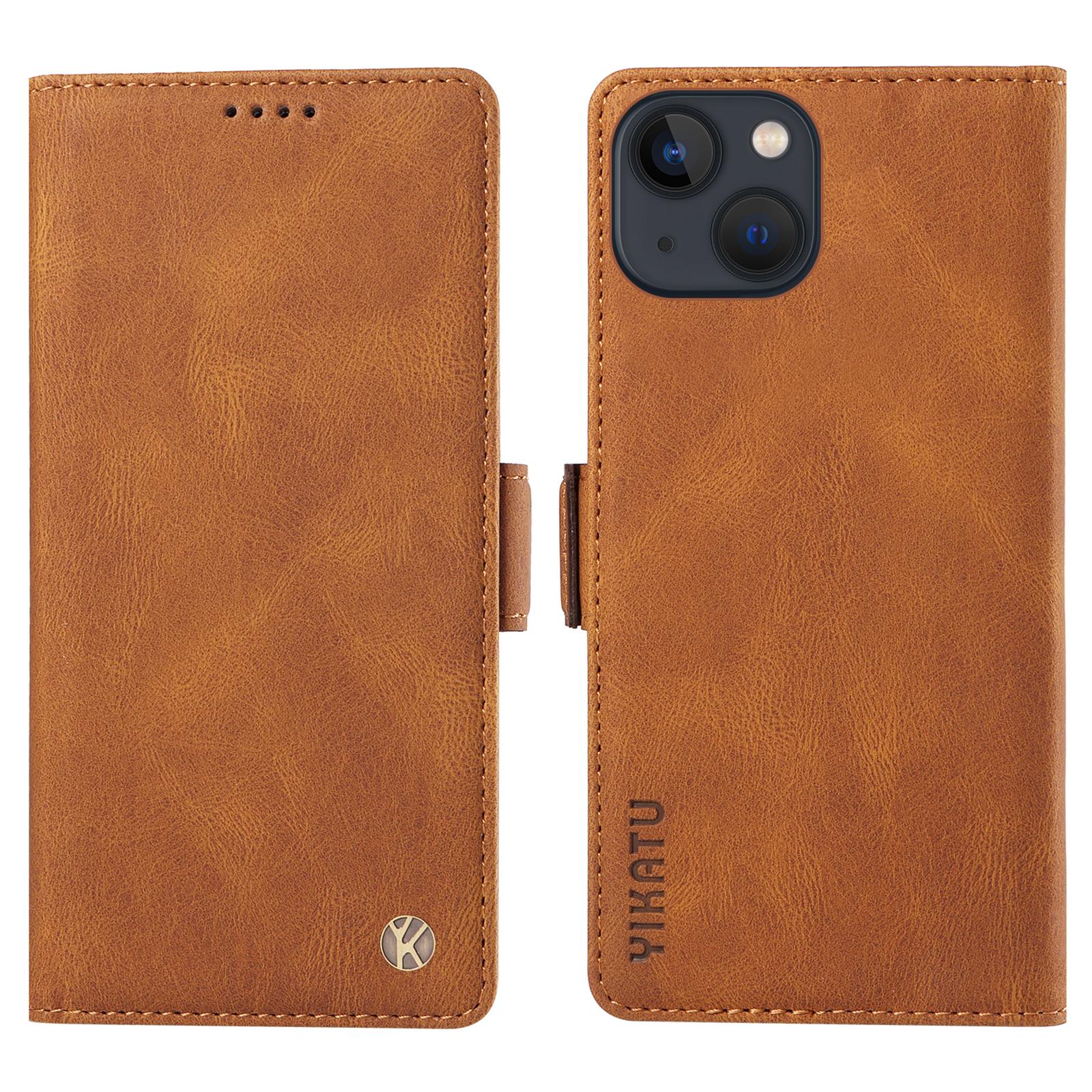 

YIKATU YK-005 For iPhone 15 Skin-touch PU Leather Phone Case Shockproof Wallet Stand Cover Brown